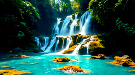 Tropical waterfall in deep rain forest. Beautiful waterfall in jungle.