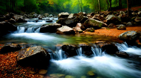 Creek flowing through the forest in autumn. Long exposure shot.