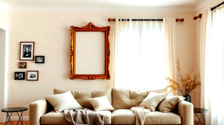 Interior of a living room with a sofa and a framed picture