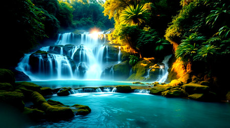 Beautiful waterfall in the tropical forest at night. Nature background.