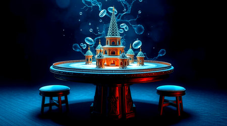 3D illustration of a round table with a tower in the backgroundの写真素材