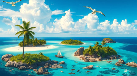 Whole tropical island within atoll in tropical Ocean. 3D illustration