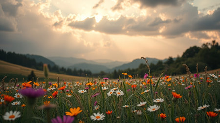 Beautiful meadow with wild flowers at sunset in the mountains.の写真素材