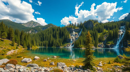 Beautiful turquoise lake in the mountains. Summer landscape.の写真素材