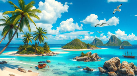 Tropical island with palm trees and boats. 3d render