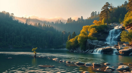 Autumn landscape with mountain river and forest. Panoramic viewの写真素材