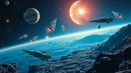 Space planets and spaceship flying in the sky. 3D Renderingの写真素材