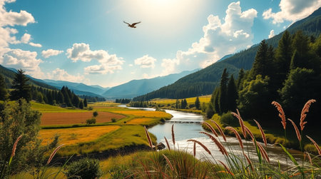 Landscape with river and meadow in the mountains