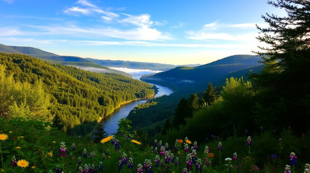 Beautiful view of the river in the mountains on a summer evening