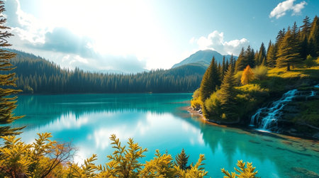 Mountain lake with clear turquoise water surrounded by coniferous forest and blue sky.