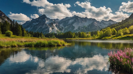 Panoramic view of the alpine lake in the Alps.