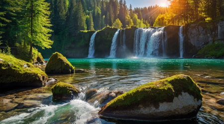 Waterfall in the forest. Beautiful landscape with a waterfall in the mountains.の写真素材