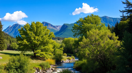 Mountain landscape with river and blue sky. Altai, Siberia, Russiaの写真素材