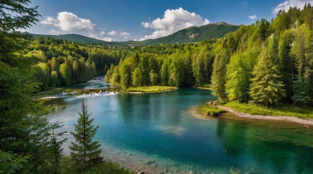 Beautiful panorama of the turquoise lake in the mountains