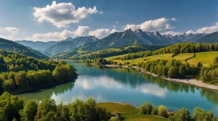 panoramic view of the mountain lake in the alps