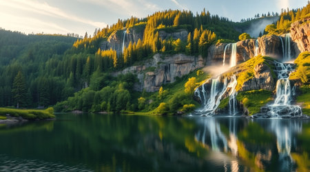 Waterfall in the mountains at sunset. Beautiful natural landscape of alpine lake.の写真素材