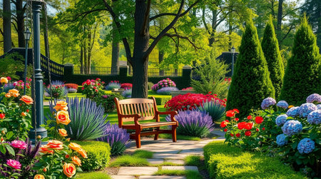 Beautiful spring garden with blooming flowers and bench in the foregroundの写真素材