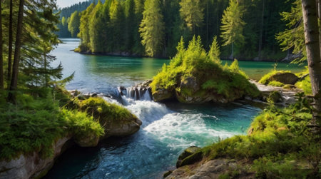 Mountain river with a waterfall in the forest. Beautiful summer landscape.の写真素材