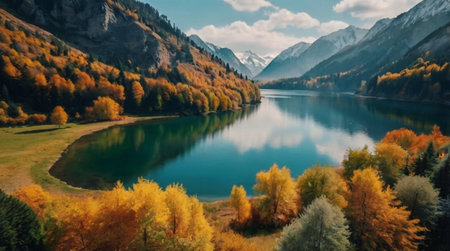 panoramic view of autumnal alpine lake with golden treesの写真素材
