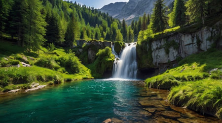Beautiful waterfall in the mountains. Summer landscape in the mountains.の写真素材