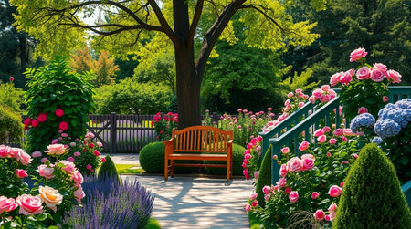 Beautiful spring garden with blooming roses and bench in the parkの写真素材