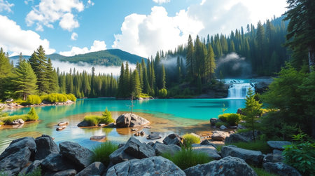 Beautiful mountain lake with clear water and mountains in the background.