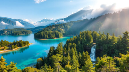 Beautiful panoramic view of turquoise emerald lake in the mountainsの写真素材