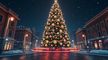 Christmas tree in the center of the city at night. 3d renderingの写真素材