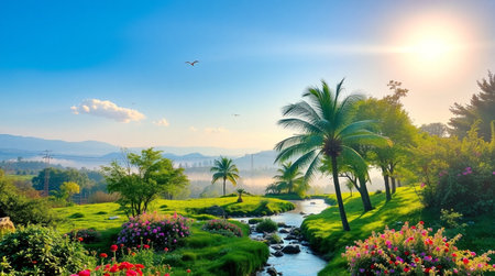 Landscape view of beautiful garden with river and coconut tree at sunset.の写真素材