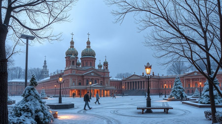Panoramic view of Alexander Nevsky Cathedral in winter eveningの写真素材
