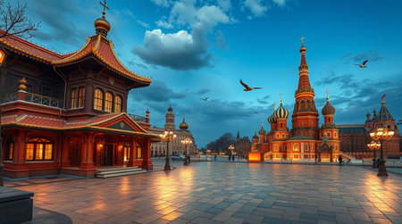 St. Basil's Cathedral and Red Square at night in Moscow, Russiaの写真素材