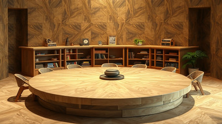 3D rendering of an office interior with a round wooden table.の写真素材