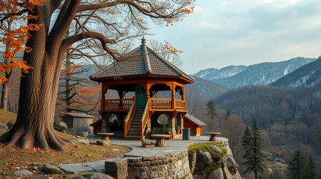 Wooden gazebo in the autumn forest on a background of mountainsの写真素材