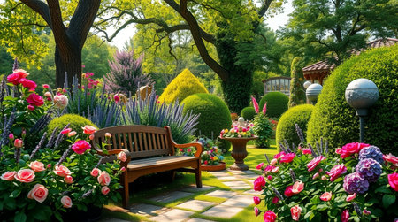 Beautiful garden with a bench and flowers in the spring time.の写真素材