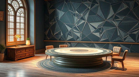 Interior of the room with a round table. 3D rendering
