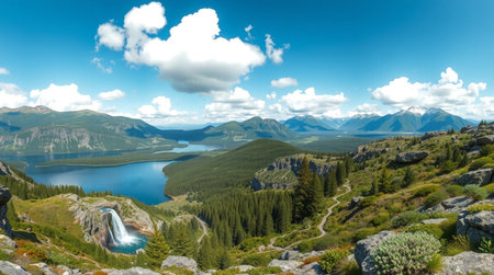 Mountain landscape with lake and waterfall. Panoramic view.の写真素材