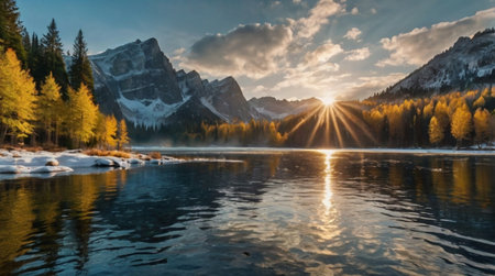 Mountain lake in autumn. Landscape of the Dolomites.