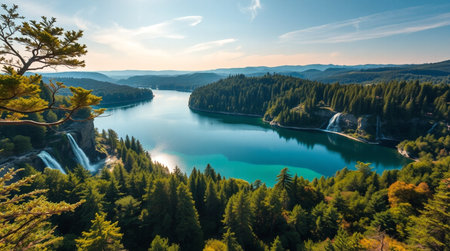 Beautiful view of a lake surrounded by lush greenery and mountains.の写真素材