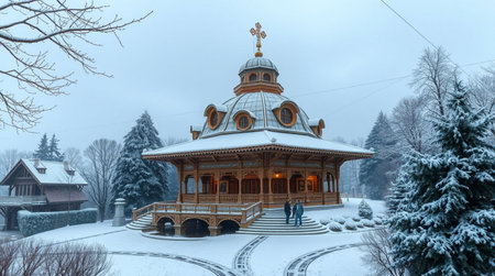 Wooden gazebo in the winter parkの写真素材