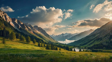 panoramic view of alpine meadow and mountain lake under cloudy skyの写真素材