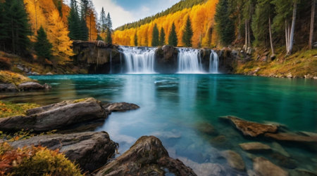 Waterfall in the mountains. Beautiful autumn landscape with waterfall in the mountains.の写真素材
