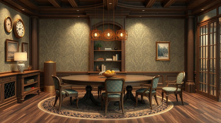 3D rendering of a classic dining room in an old house.