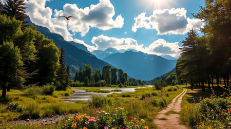 Beautiful summer landscape with mountains, lake and blue sky with cloudsの写真素材