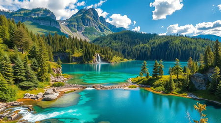 Panoramic view of beautiful turquoise alpine lake with waterfall in Swiss Alpsの写真素材