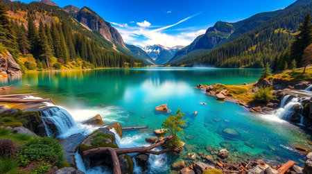 Mountain lake with clear turquoise water surrounded by high mountains and coniferous forest.