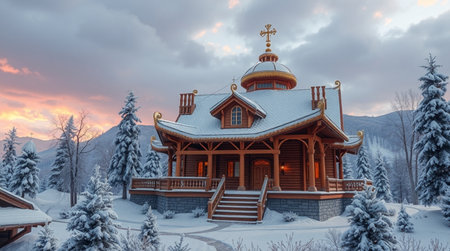 Panoramic view of wooden orthodox church in Carpathian mountains, Ukraineの写真素材