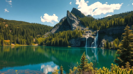 Panoramic view of beautiful lake in Dolomites, Italyの写真素材