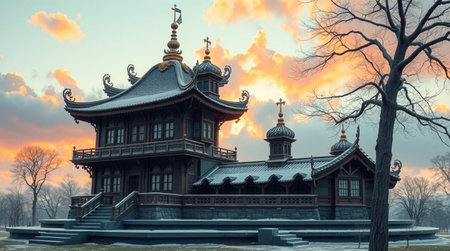 Wooden structure in the park at sunset. 3D rendering.の写真素材