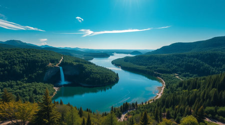 Aerial view of beautiful mountain lake with blue water and green forestの写真素材