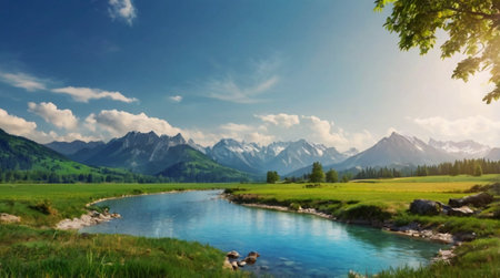panoramic view of alpine meadow and mountain lake in summerの写真素材